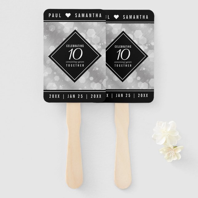 Elegant 10th Tin Wedding Anniversary Celebration Hand Fan (Front and Back)