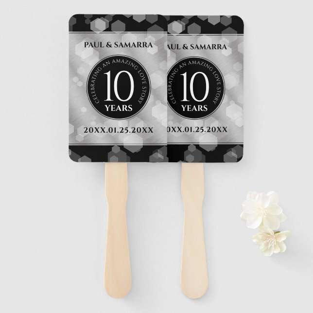Elegant 10th Tin Wedding Anniversary Celebration Hand Fan (Front and Back)