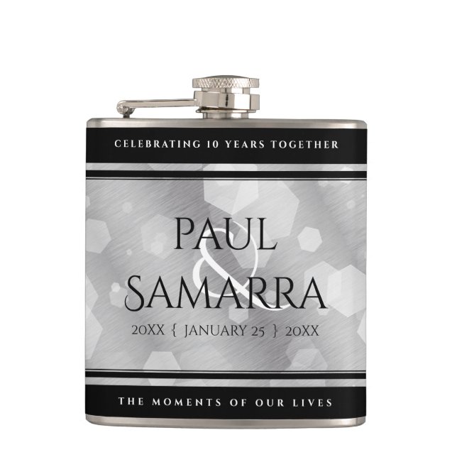 Elegant 10th Tin Wedding Anniversary Celebration Hip Flask (Front)