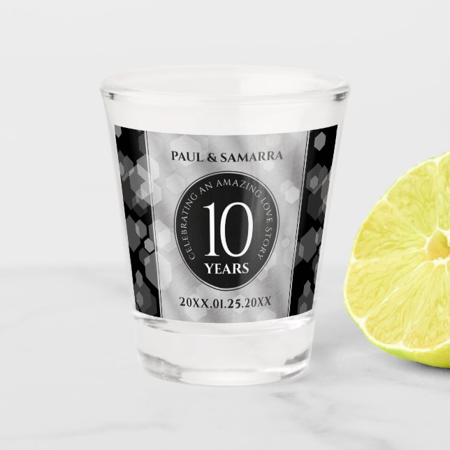Elegant 10th Tin Wedding Anniversary Celebration Shot Glass (Front)