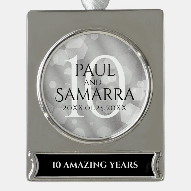Elegant 10th Tin Wedding Anniversary Celebration Silver Plated Banner Ornament (Front)
