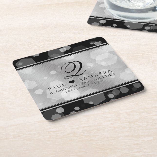 Elegant 10th Tin Wedding Anniversary Celebration Square Paper Coaster (Angled)