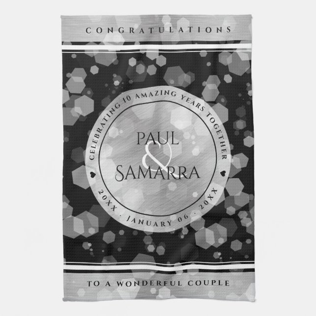 Elegant 10th Tin Wedding Anniversary Celebration Tea Towel (Vertical)