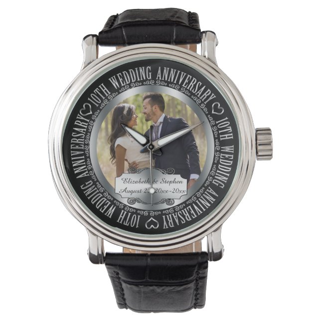 Elegant 10th Wedding Anniversary Photo Names Watch (Front)