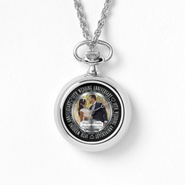 Elegant 10th Wedding Anniversary Photo Names Watch (Front)
