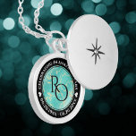 Elegant 11th 44th Turquoise Wedding Anniversary Locket Necklace<br><div class="desc">Celebrate the 11th or 44th wedding anniversary with this commemorative locket! Elegant black and white lettering on a yellow marble and greenish blue background add a memorable touch for this special occasion and (extraordinary) milestone. Customise with couple's initials, a special message, and dates for their turquoise anniversary. Design © W.H....</div>