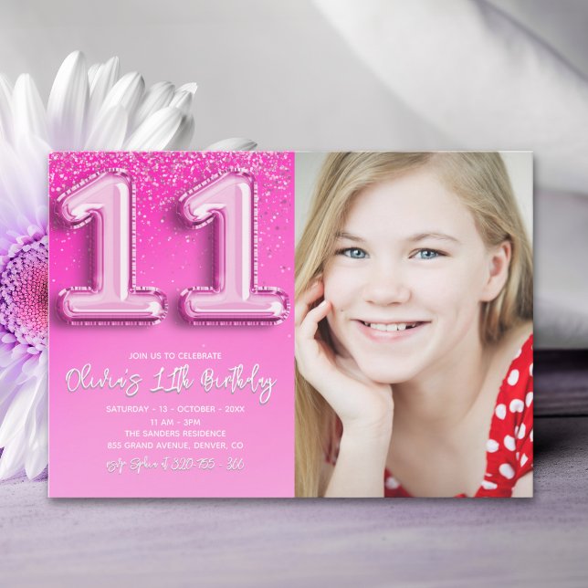 Elegant 11th Birthday girl with photo Numer Ballon Invitation (Creator Uploaded)