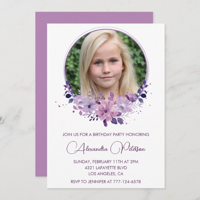 Elegant 11th birthday invitation Photo Floral Boho (Front/Back)