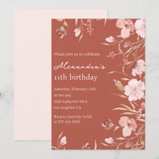 Elegant 11th birthday invitations Floral Chic  (Front/Back)