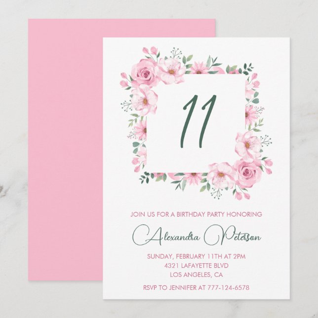 Elegant 11th birthday invitations Floral  Pink (Front/Back)