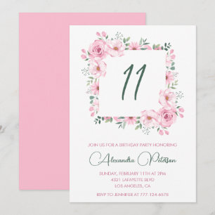 Elegant 11th birthday invitations Floral  Pink