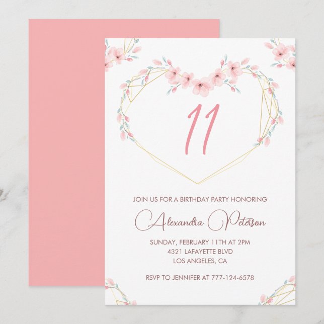 Elegant 11th birthday invitations Pink Floral  (Front/Back)