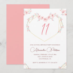 Elegant 11th birthday invitations Pink Floral 