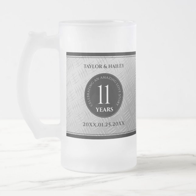 Elegant 11th Steel Wedding Anniversary Celebration Frosted Glass Beer Mug (Left)