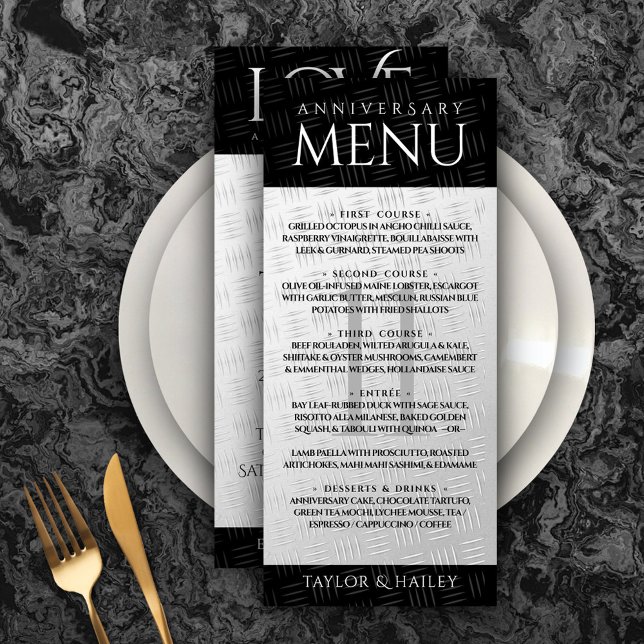 Elegant 11th Steel Wedding Anniversary Celebration Menu (Elegant 11th Steel Wedding Anniversary Menu Rack Card Cover Photo.)