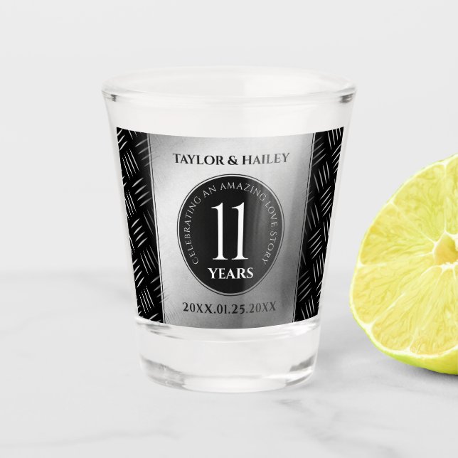 Elegant 11th Steel Wedding Anniversary Celebration Shot Glass (Front)