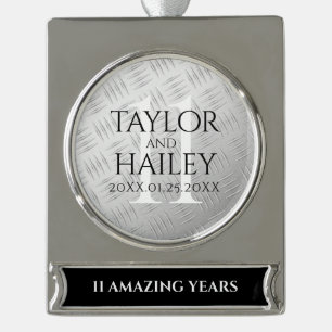 Elegant 11th Steel Wedding Anniversary Celebration Silver Plated Banner Ornament