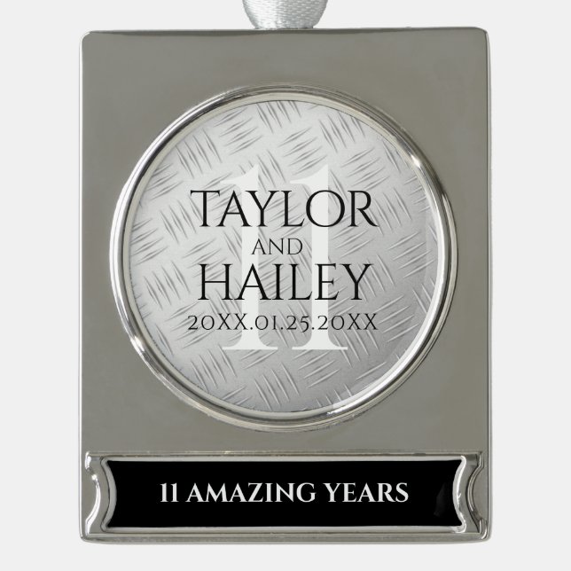 Elegant 11th Steel Wedding Anniversary Celebration Silver Plated Banner Ornament (Front)
