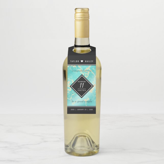 Elegant 11th Turquoise Wedding Anniversary Bottle Tag (On Bottle)