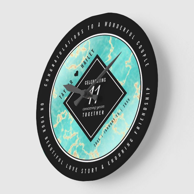 Elegant 11th Turquoise Wedding Anniversary Large Clock (Angle)