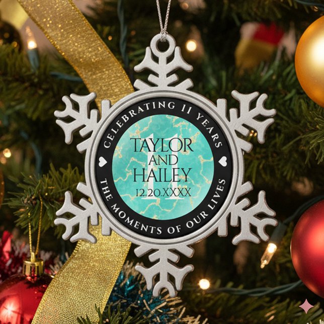 Elegant 11th Turquoise Wedding Anniversary Snowflake Pewter Christmas Ornament (11th Turquoise Wedding Anniversary Snowflake Pewter Ornament Cover Photo)