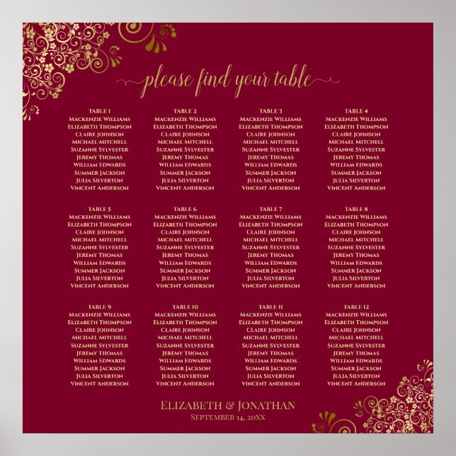 Elegant 12 Table Burgundy & Gold Seating Chart (Front)