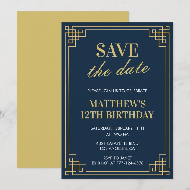 Elegant 12th birthday invitation Boy Save the date (Front/Back)