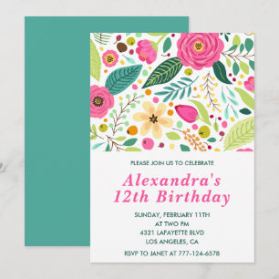 Elegant 12th birthday invitations Floral Colourful