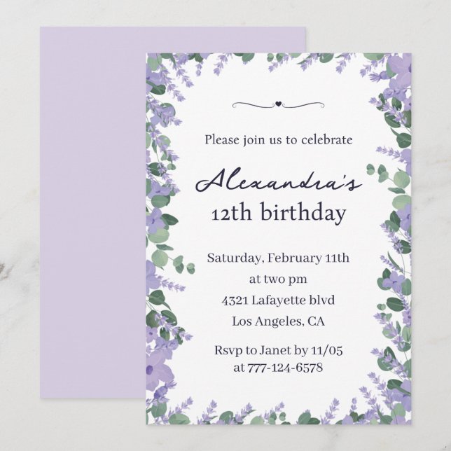 Elegant 12th birthday invitations Floral Frame (Front/Back)
