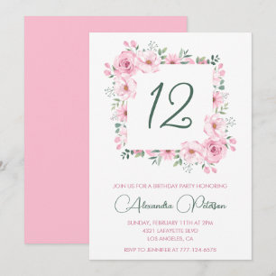 Elegant 12th birthday invitations Floral Pink