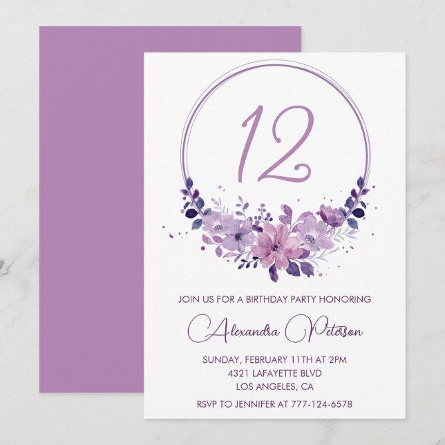Elegant 12th birthday invitations Floral Purple (Front/Back)