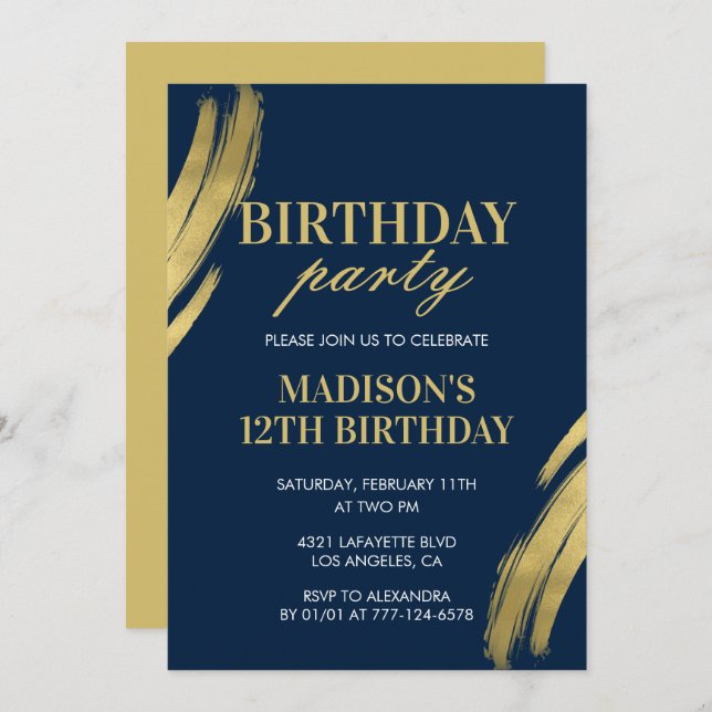 Elegant 12th birthday invitations Party Girl Navy (Front/Back)
