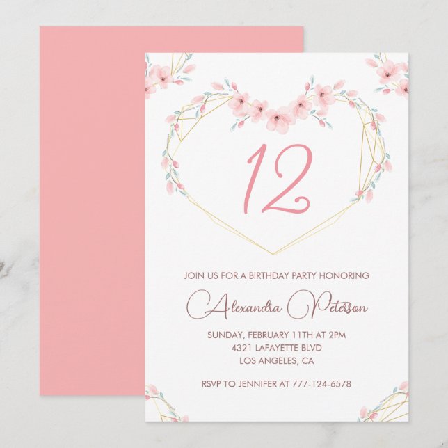 Elegant 12th birthday invitations Pink Floral  (Front/Back)
