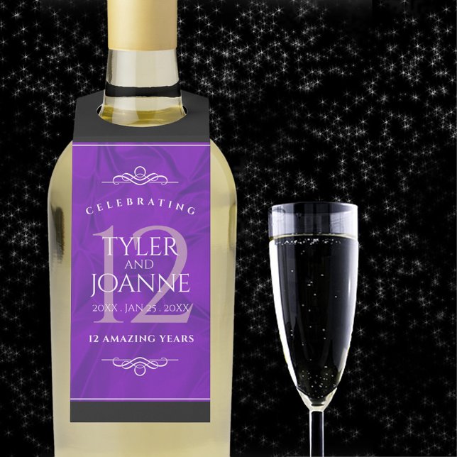 Elegant 12th Silk Wedding Anniversary Celebration Bottle Tag (12th silk wedding anniversary with champagne flute on a starry night sky.)