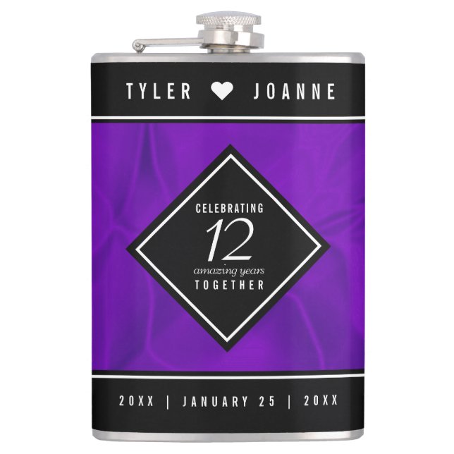 Elegant 12th Silk Wedding Anniversary Celebration Hip Flask (Front)