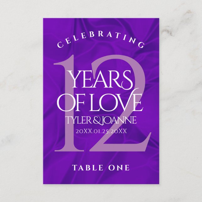 Elegant 12th Silk Wedding Anniversary Table Card (Front)