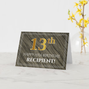 Elegant 13th Birthday: Faux Wood, Faux Gold Look Card