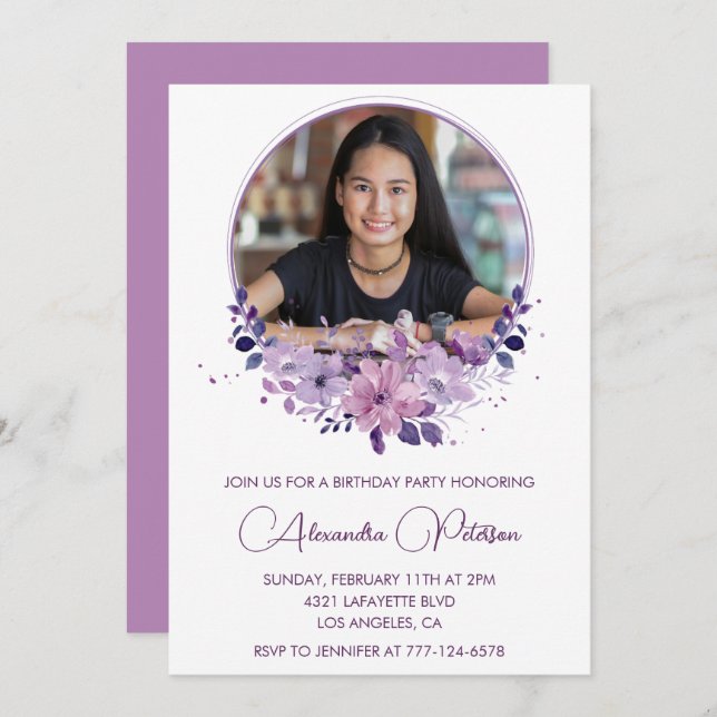 Elegant 13th birthday invitation Photo Floral Boho (Front/Back)