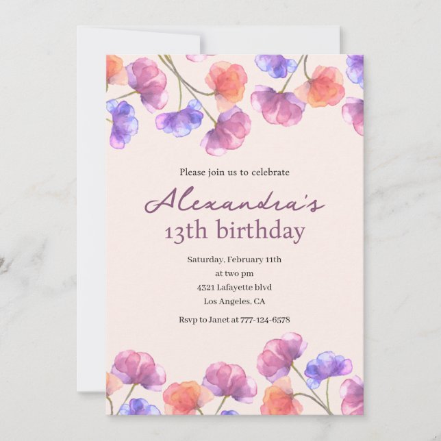 Elegant 13th birthday invitations Boho Floral Chic (Front)