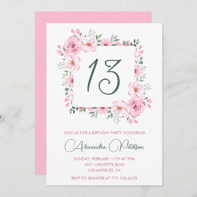 Elegant 13th birthday invitations Floral  Pink (Front/Back)