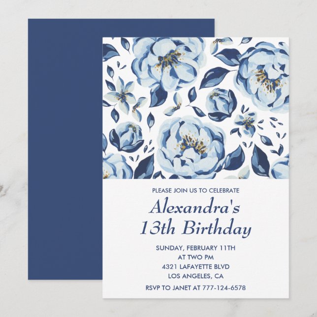Elegant 13th birthday invitations Floral Vintage (Front/Back)