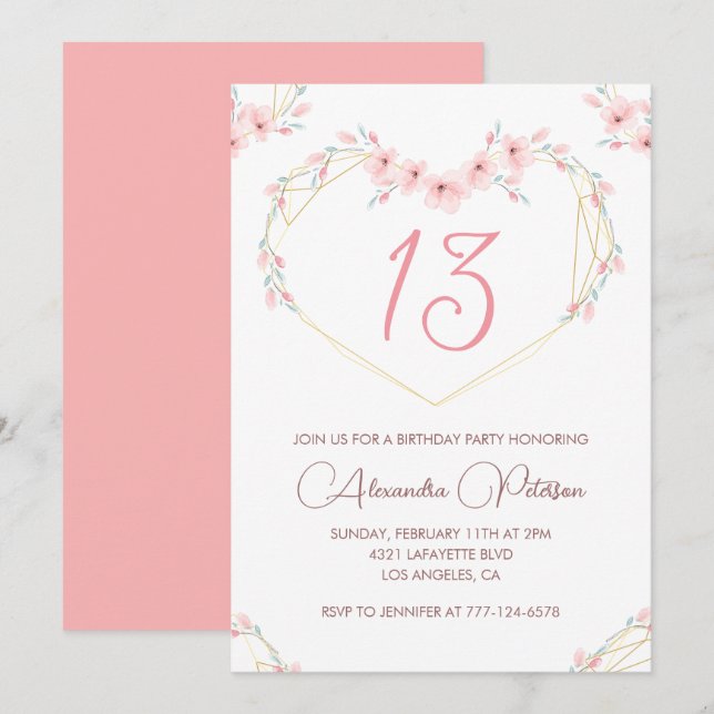 Elegant 13th birthday invitations Pink Floral  (Front/Back)