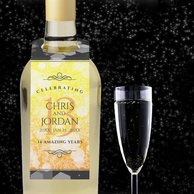 Elegant 13th Citrine Wedding Anniversary Bottle Tag (13th wedding anniversary bottle hanger with champagne flute on a starry night sky.)