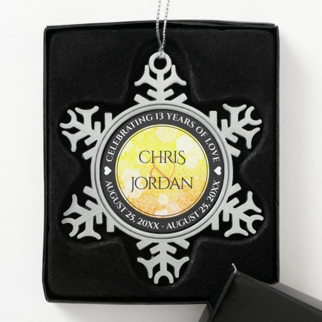 Elegant 13th Citrine Wedding Anniversary Snowflake Pewter Christmas Ornament (Box)