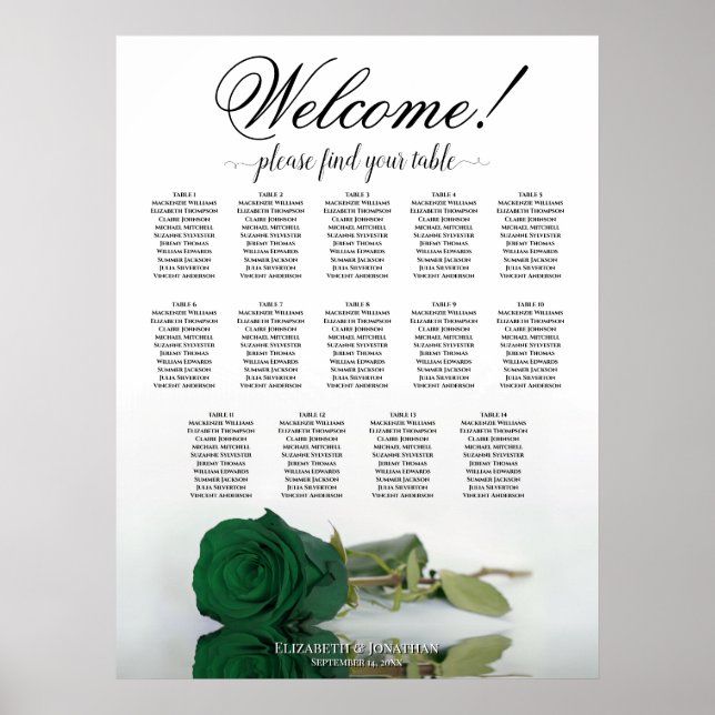 Elegant 14 Table Emerald Green Rose Seating Chart (Front)