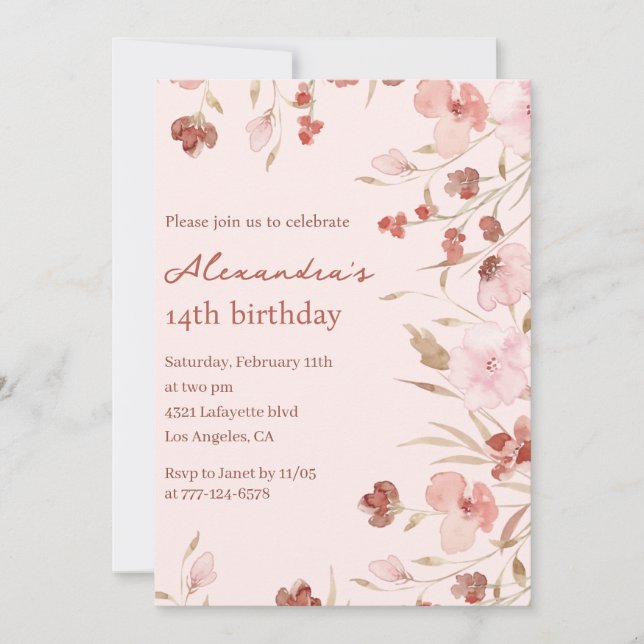 Elegant 14th birthday invitations Floral Chic (Front)