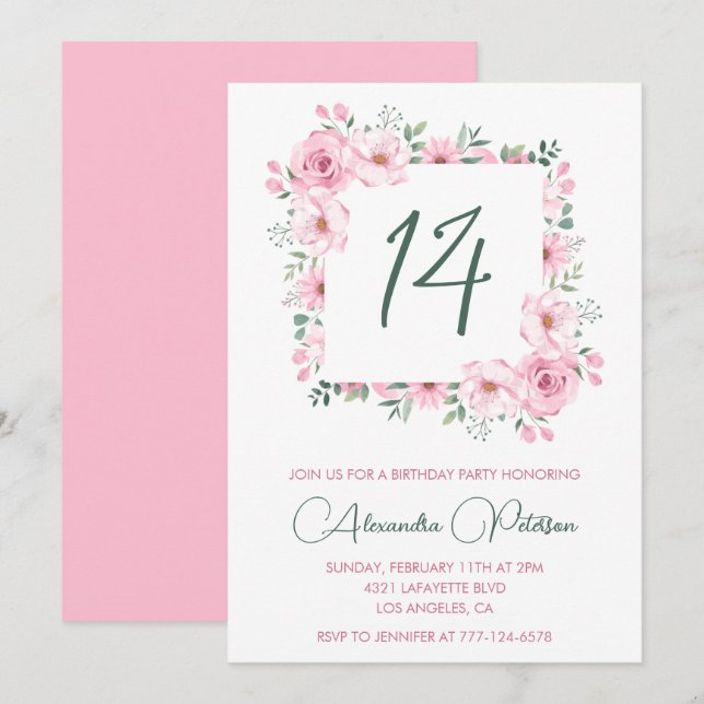 Elegant 14th birthday invitations Floral  Pink (Front/Back)