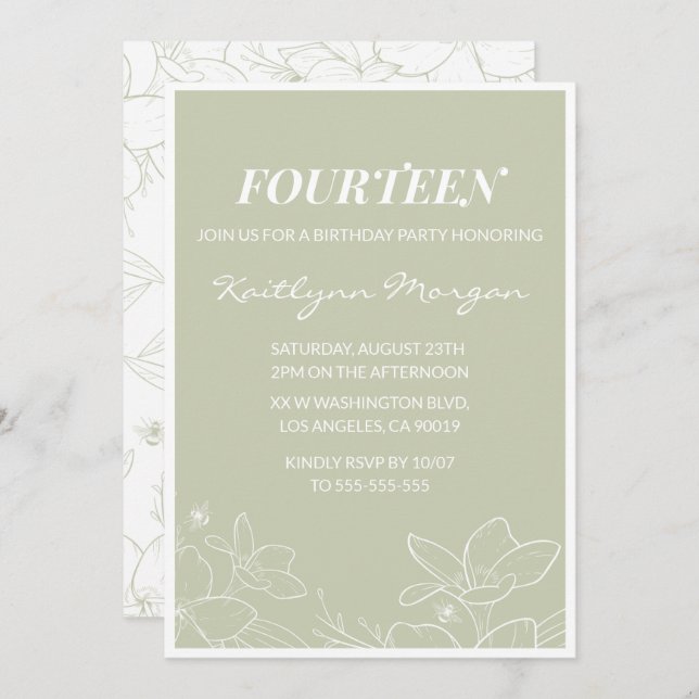 Elegant 14th birthday invitations Modern Floral  (Front/Back)
