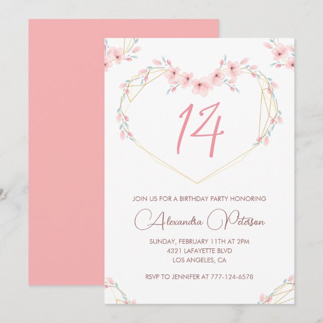 Elegant 14th birthday invitations Pink Floral  (Front/Back)