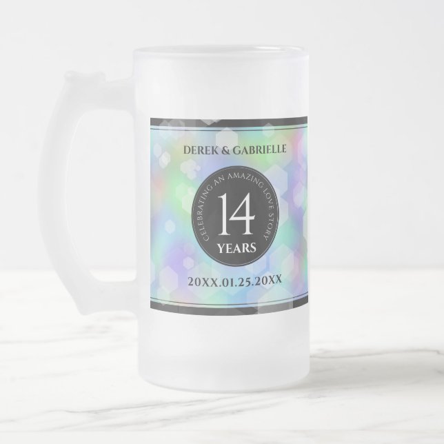 Elegant 14th Opal Wedding Anniversary Celebration Frosted Glass Beer Mug (Left)